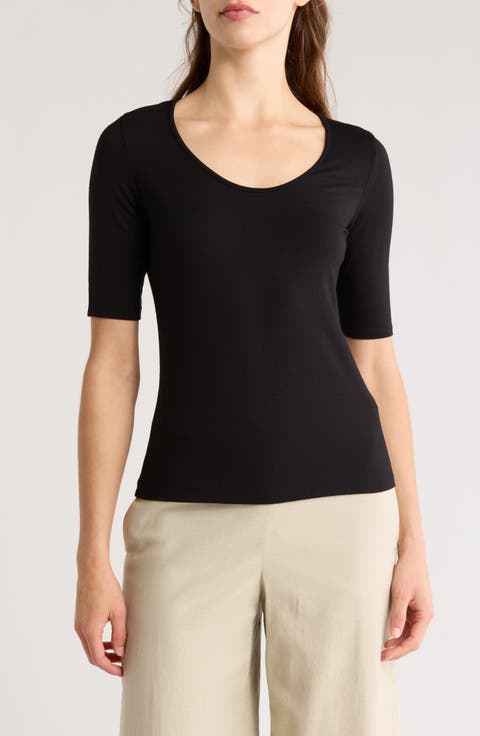 Scoop Neck Elbow Sleeve T-Shirt