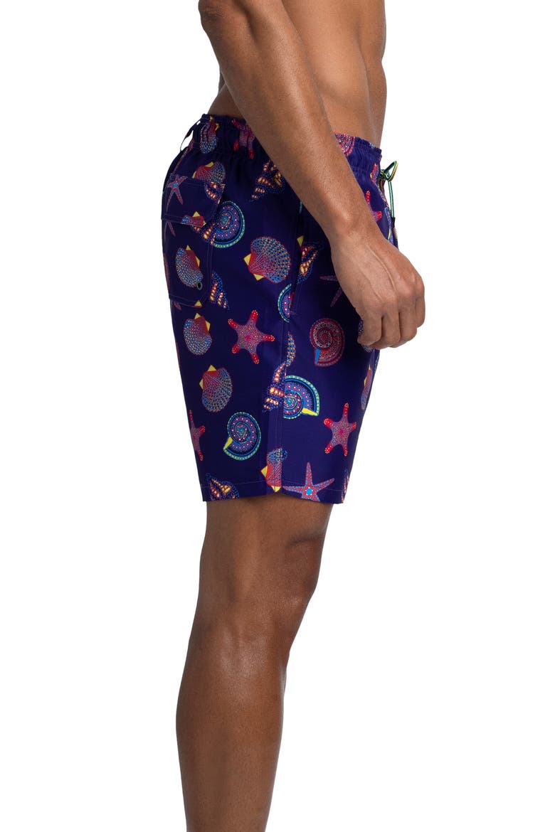 Seashell Print Swim Trunks, Alternate, color, NIGHT BLUE
