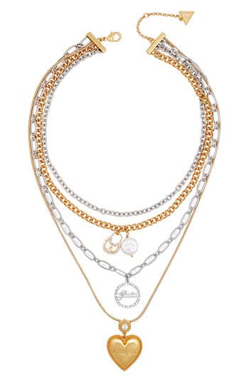 Guess Crystal Pendant Two-tone Layered Necklace In Gold