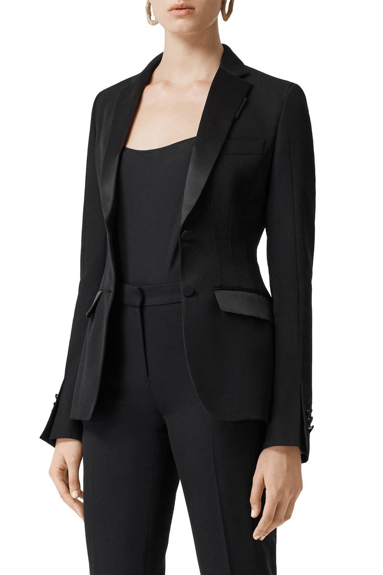 Otelia Satin Trim Wool Tuxedo Jacket, Main, color, BLACK