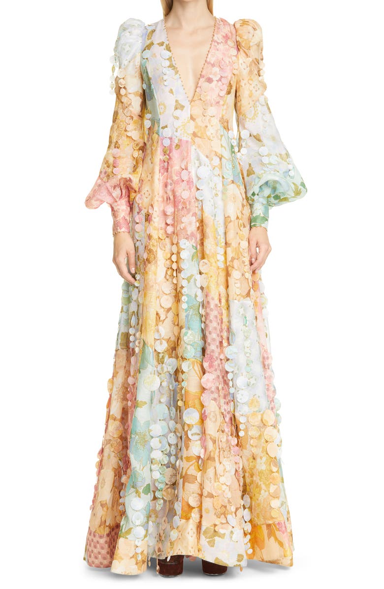 Zimmermann Tempo Patch Long Sleeve Linen & Silk Gown, Main, color, 