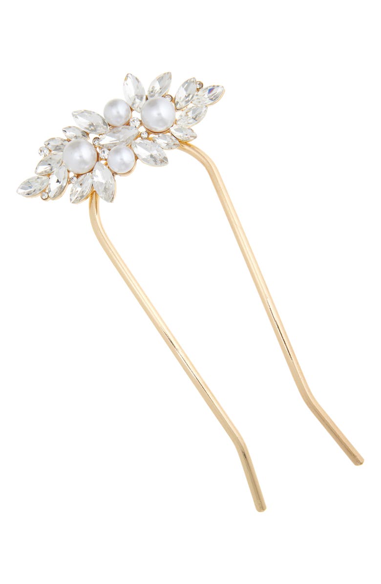 Tasha Crystal & Faux Pearl Hair Stick, Main, color, Gold