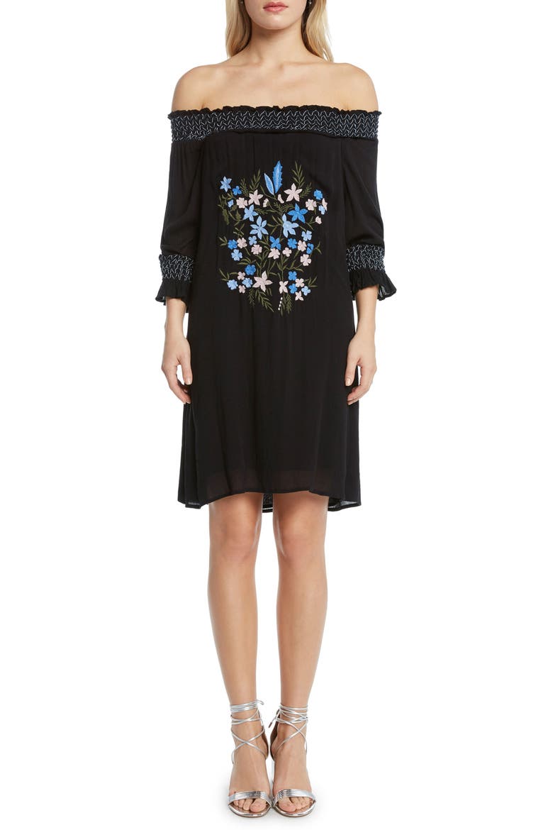 Willow & Clay Embroidered Off the Shoulder Dress, Main, color, BLACK