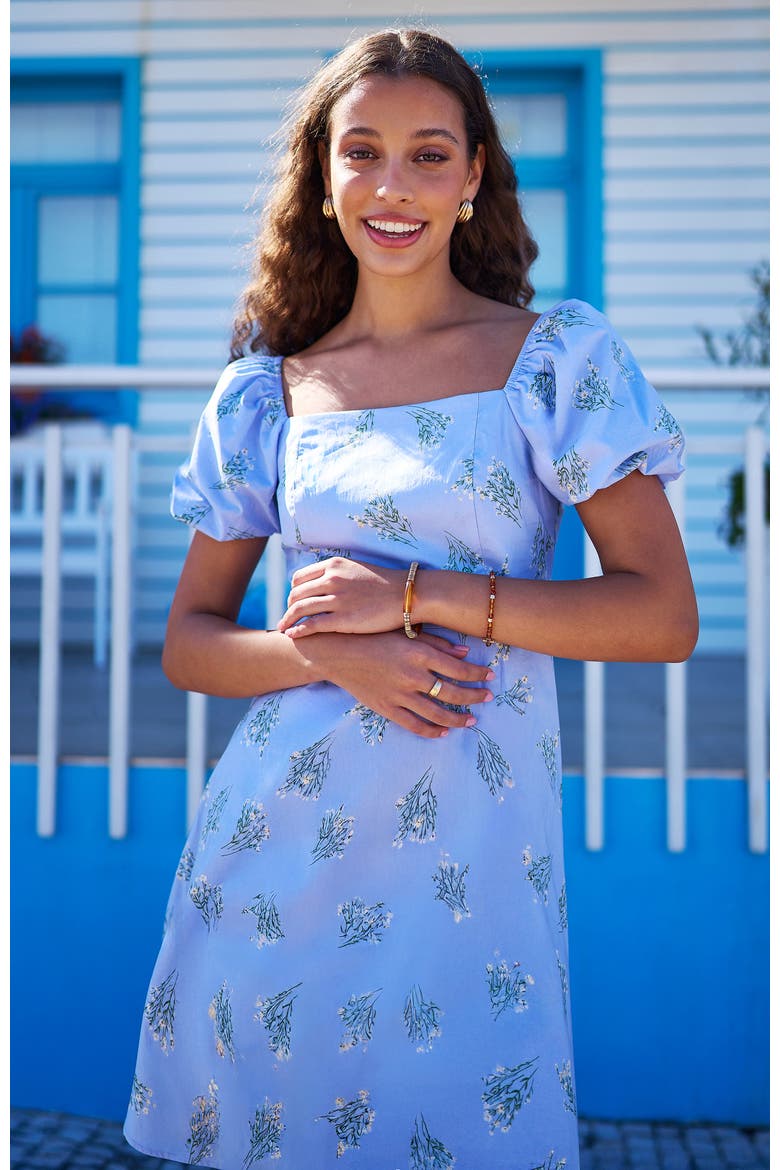 Cotton Floral Puff Sleeve Skater Dress, Alternate, color, Blue