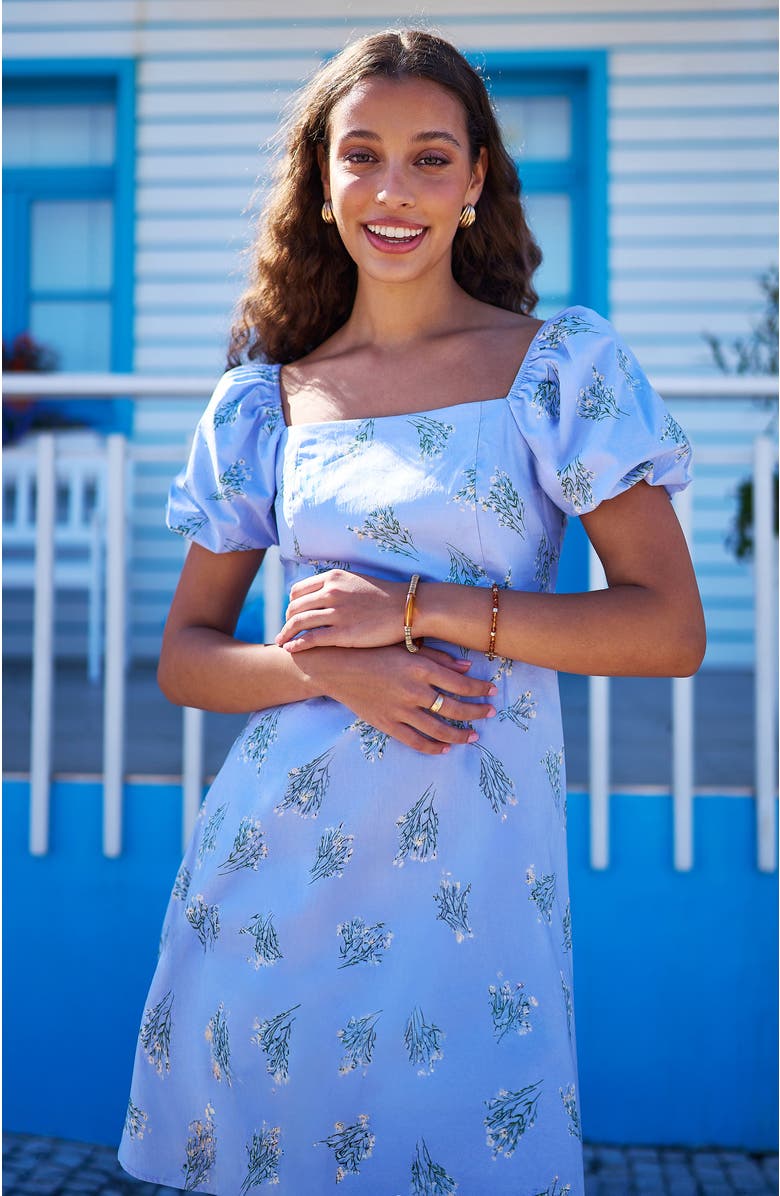 Yumi Cotton Floral Puff Sleeve Skater Dress, Alternate, color, Blue