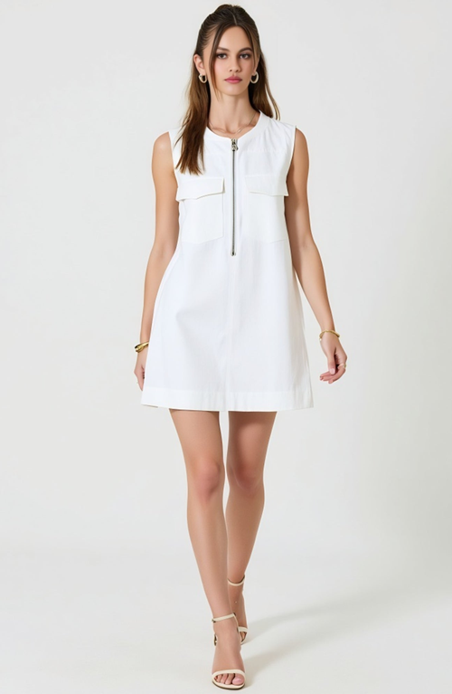 Modenaire Sleeveless Mini Dress With Zip Front And Patch Pockets In White