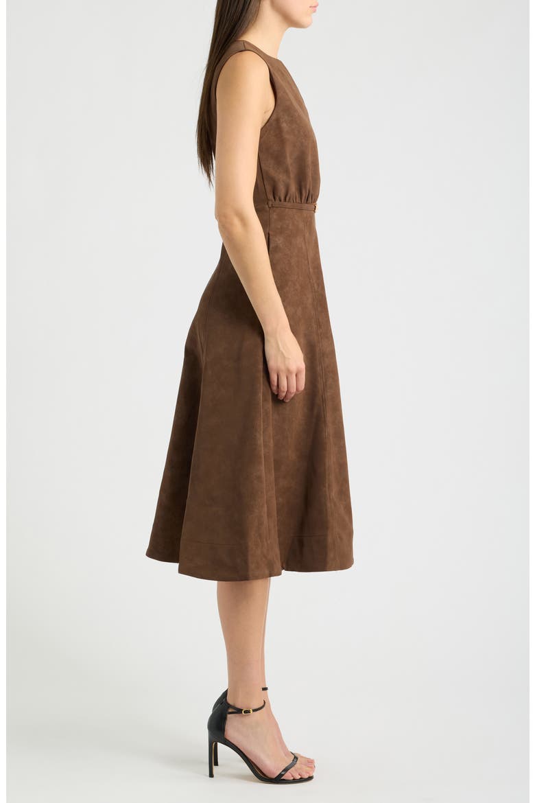 Eloise Belted Faux Suede Midi Dress, Alternate, color, BROWN