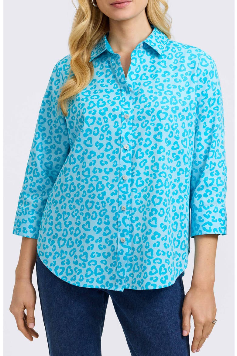 Margie Leopard Print Three-Quarter Sleeve Cotton Button-Up Shirt, Main, color, IBIZA TURQ MULTI