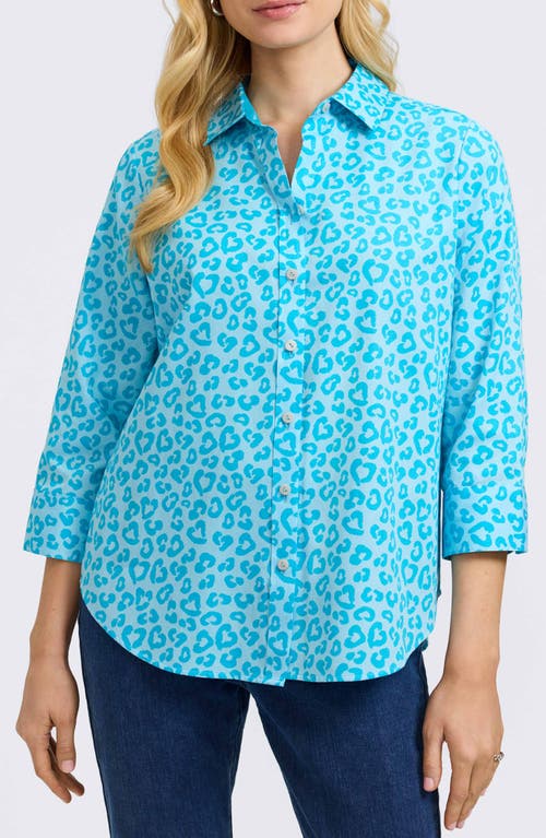 Foxcroft Margie Leopard Print Three-quarter Sleeve Cotton Button-up Shirt In Ibiza Turq Multi