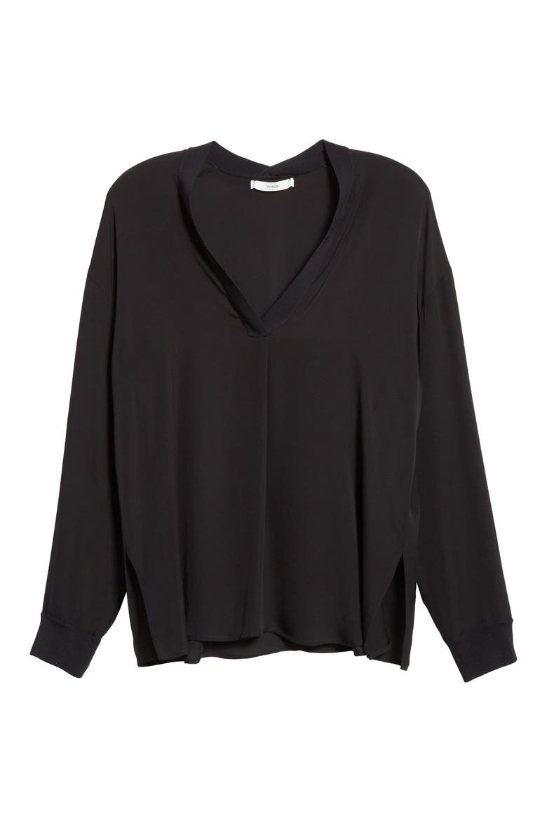 Rib Trim Silk Blouse, Alternate, color, BLACK