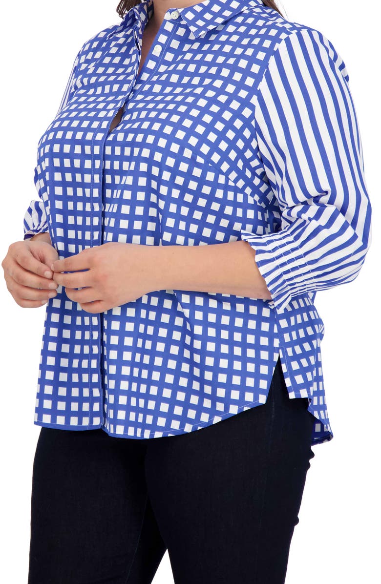 Foxcroft Olivia Gingham Stripe Ruffle Sleeve Button-Up Shirt, Alternate, color, Blue/ White