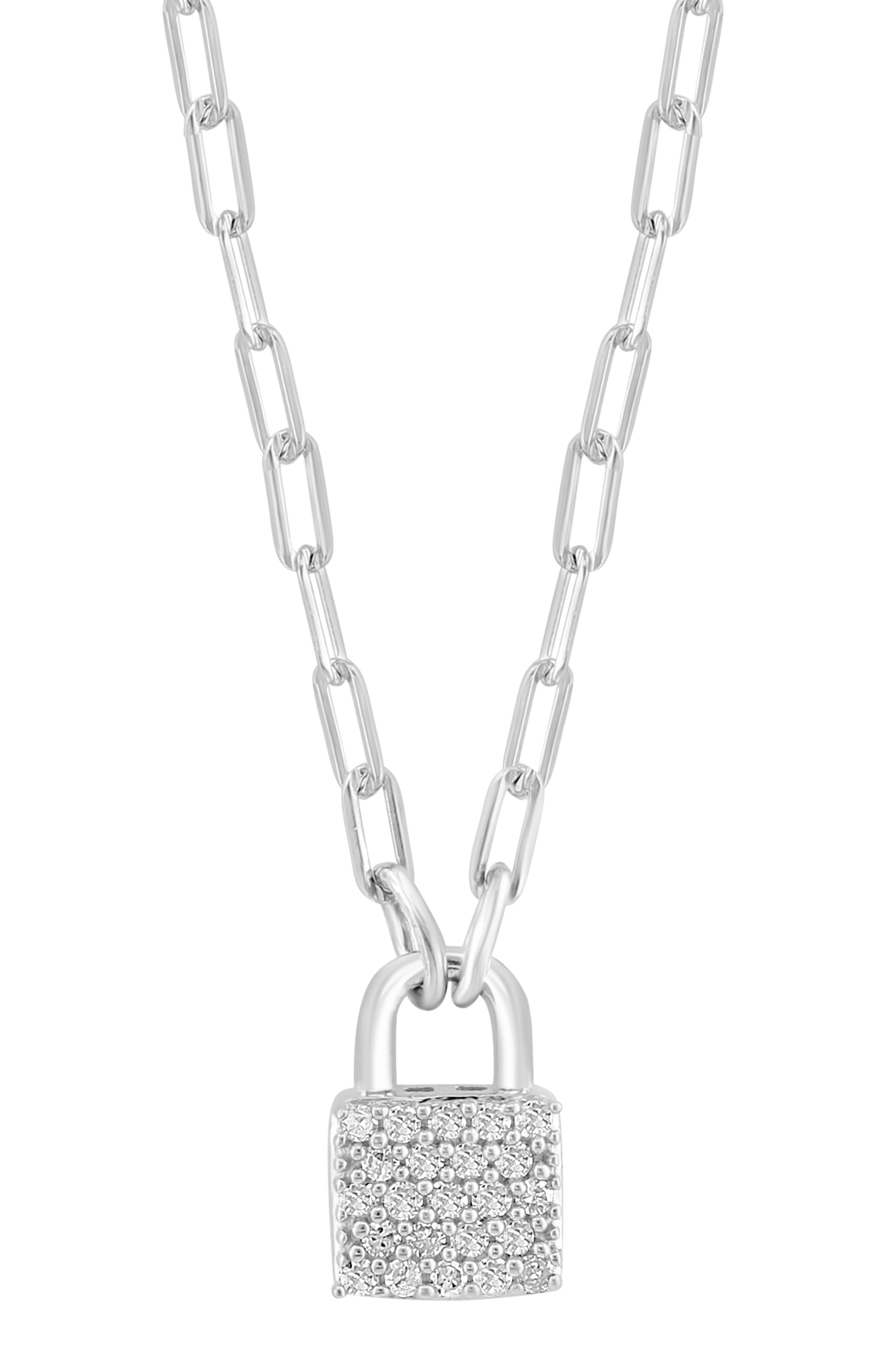 Sterling Silver Diamond Lock Pendant Necklace