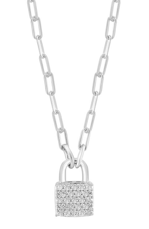 Sterling Silver Diamond Lock Pendant Necklace