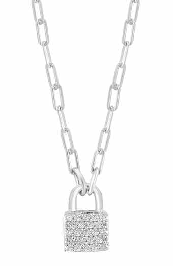 Sterling Silver Diamond Lock Pendant Necklace