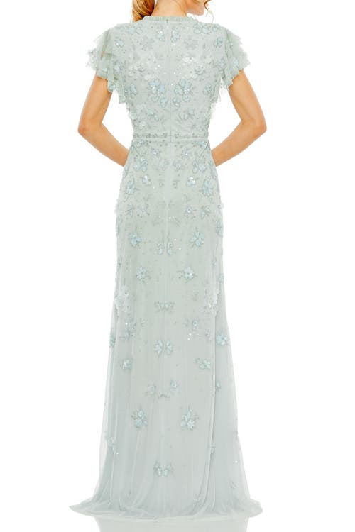 Mac Duggal Floral Embellished High Neck Flutter Sleeve Gown In Blue