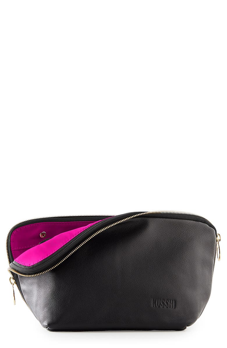 KUSSHI Signature Leather Makeup Bag, Main, color, Black Leather/ Pink