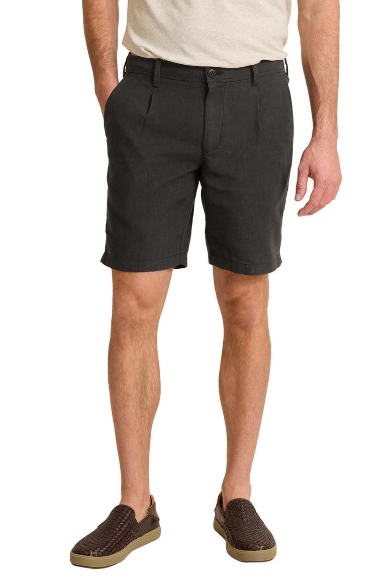 Isla Sands Pleated Stripe Linen Blend Shorts, Main, color, BLACK