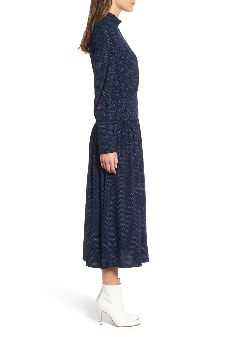 Side Button Midi Dress, Alternate, color, NAVY IRIS MINI DOT