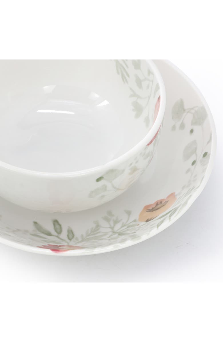 Elama Poppy 24 Piece Porcelain Double Bowl Dinnerware Set, Service for 6, Alternate, color, White