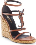 Saint Laurent Cassandra YSL Logo Raffia Wedge Sandal