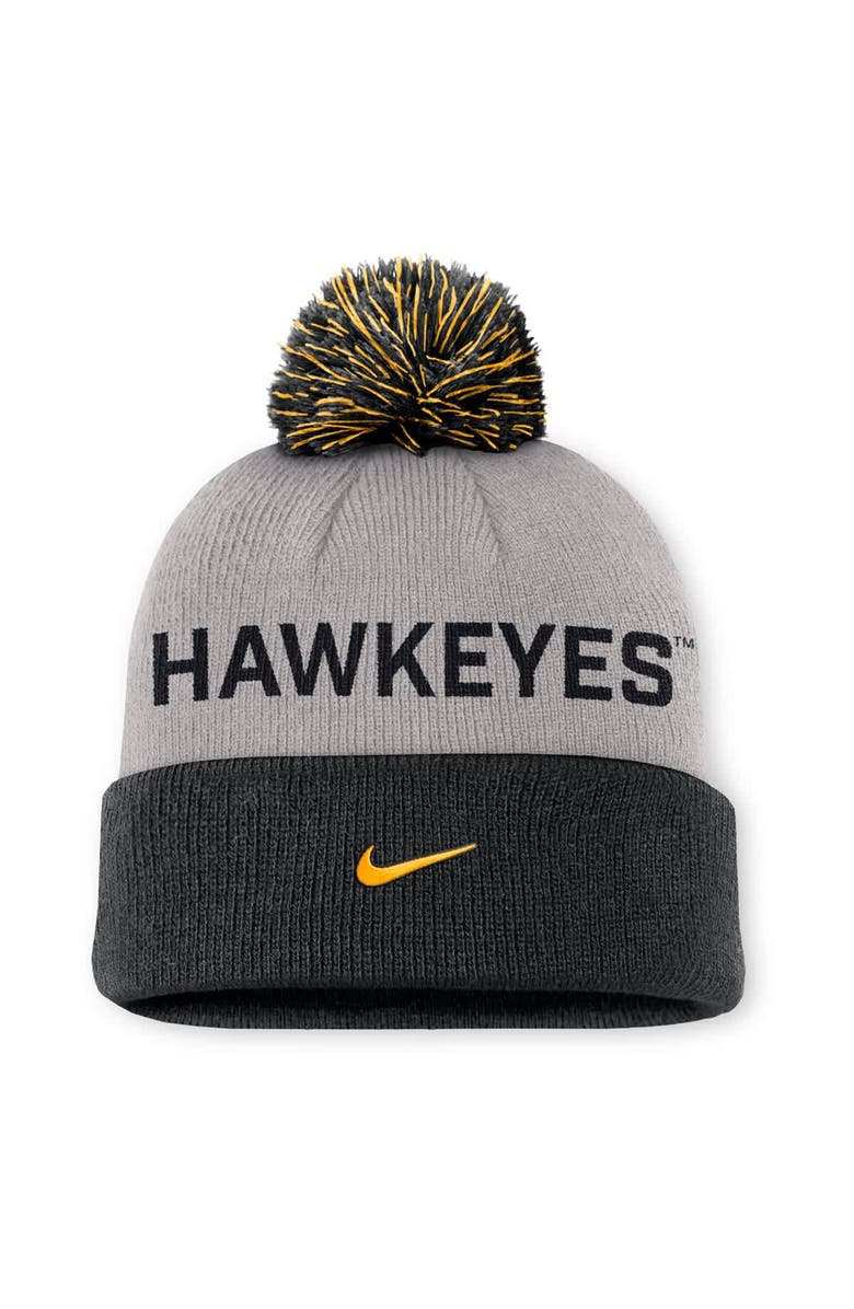 Nike Men's Nike Gray/Black Iowa Hawkeyes Primetime Peak Cuffed Knit Hat with Pom, Alternate, color, Gray