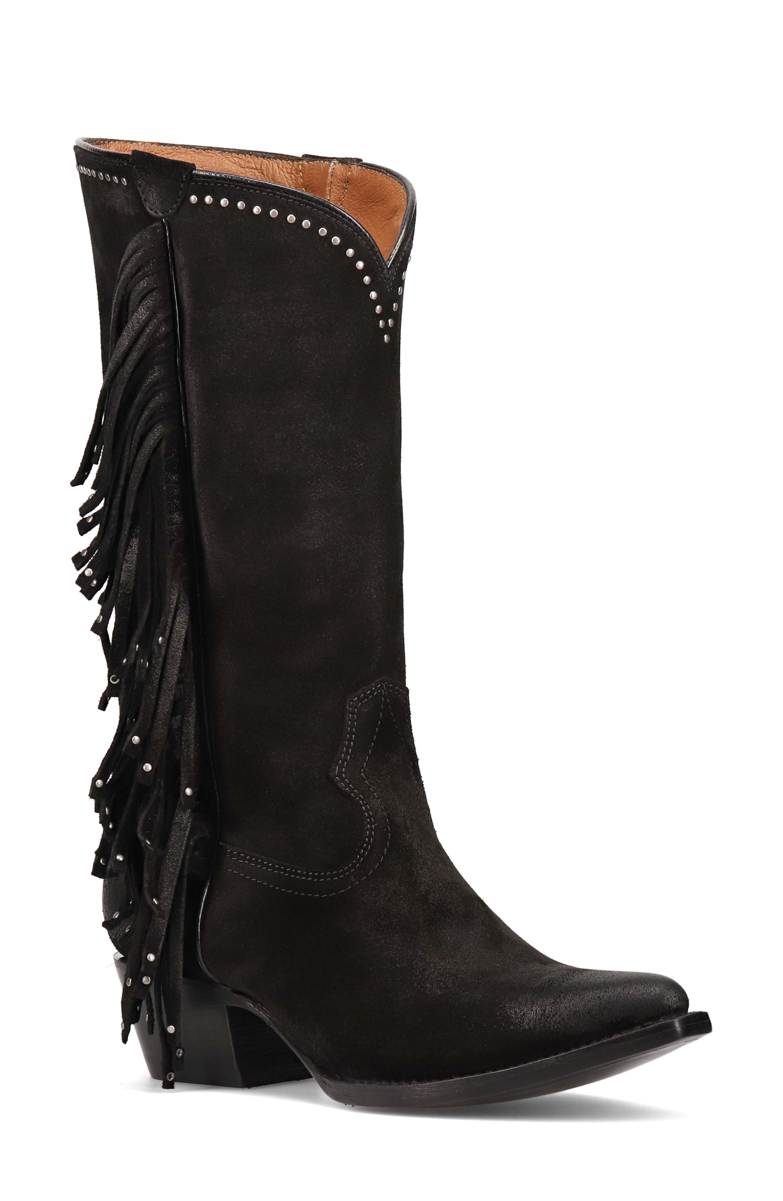 Frye Sacha Fringe Knee High Boot, Main, color, Black