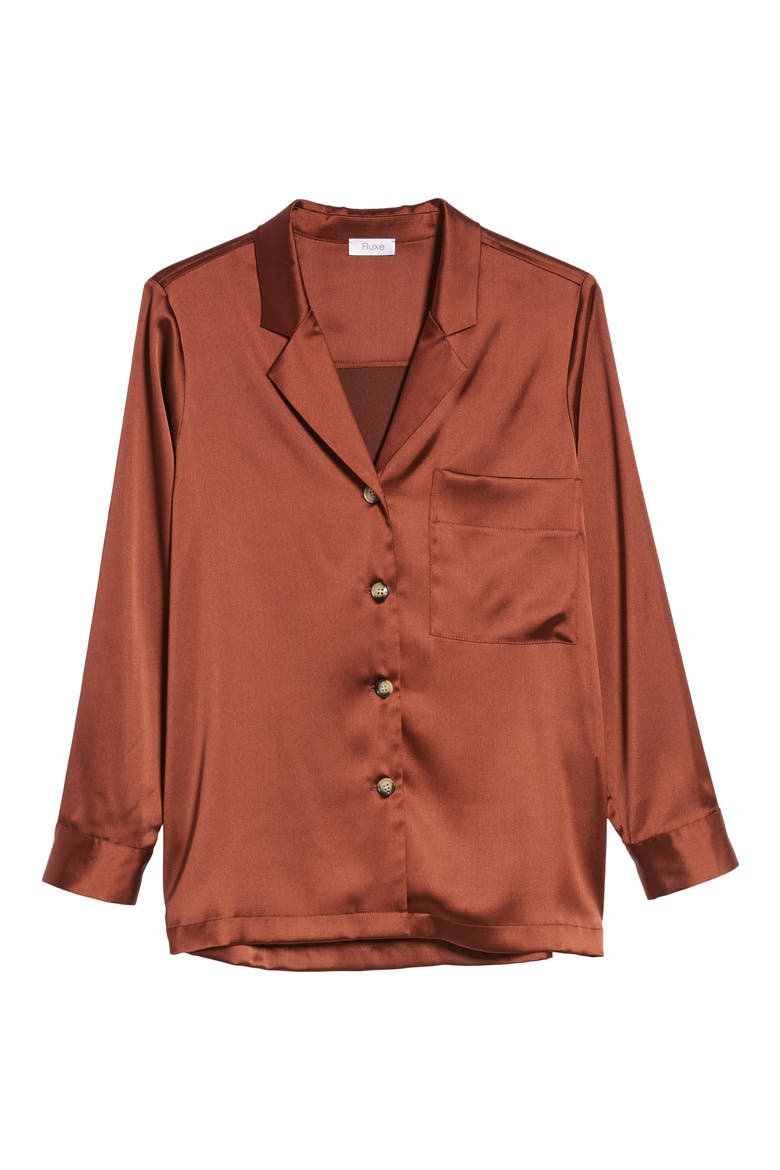 Satin Button-Up Shirt, Alternate, color, DARK BROWN