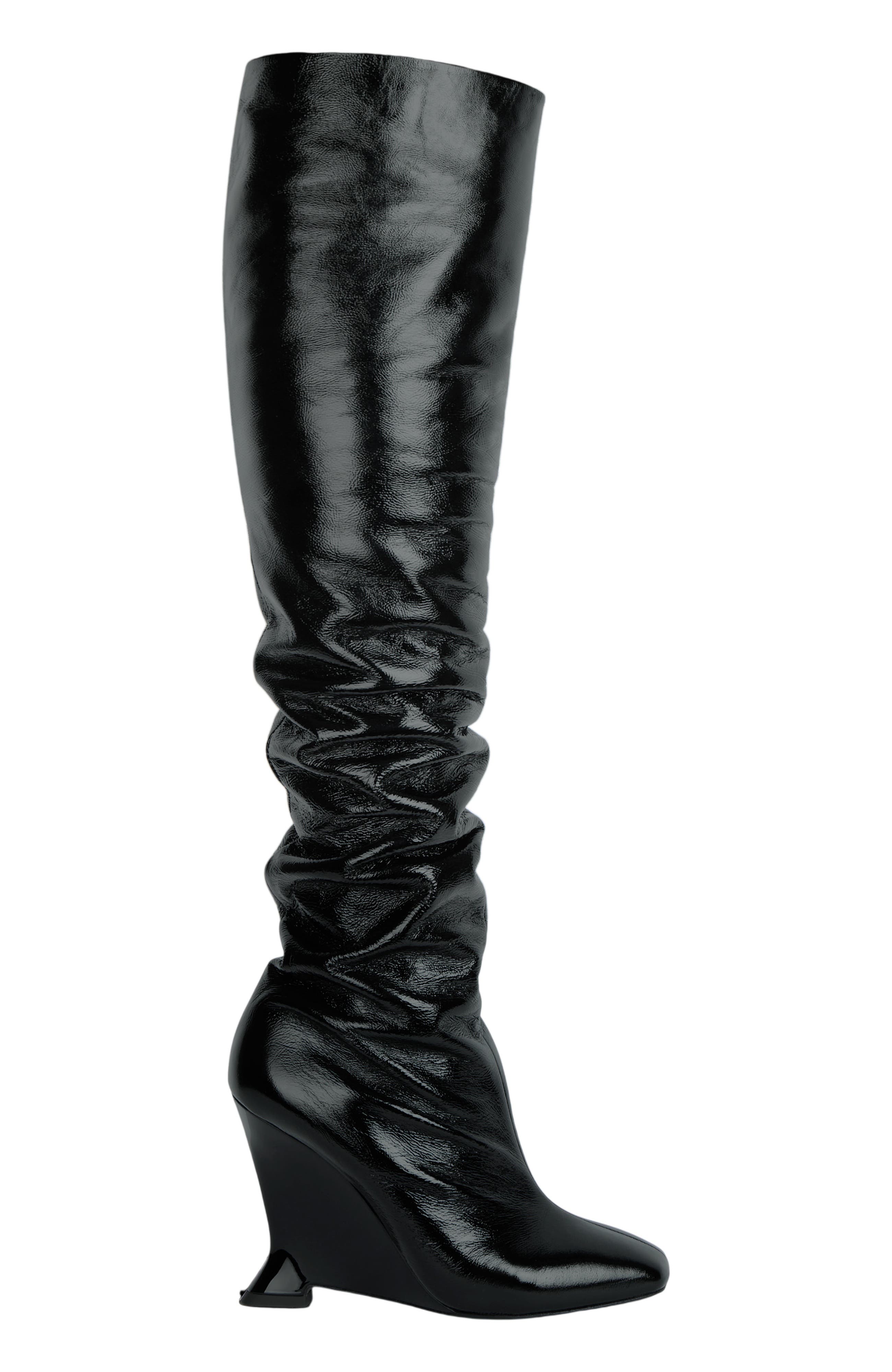 Thigh-High Wedge Boots in Crinkled Patent Leather, Alternate, color, black