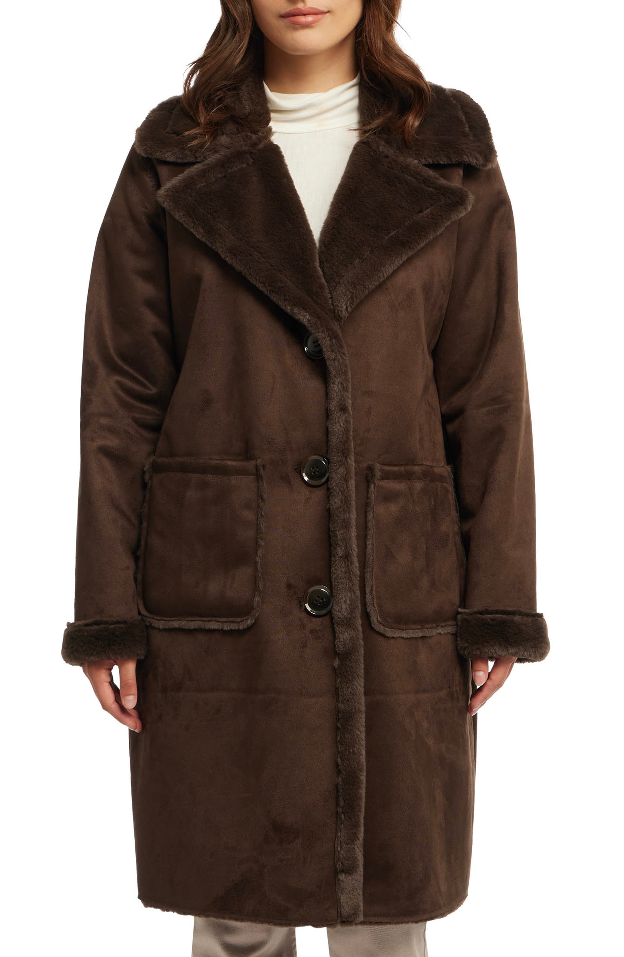 Faux Fur Detail Faux Shearling Coat