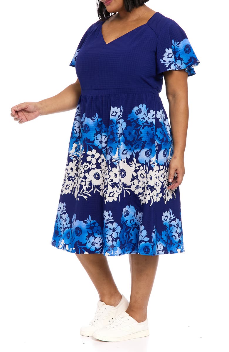 London Times Floral Flutter Sleeve Fit & Flare Dress, Alternate, color, Navy/ Cobalt
