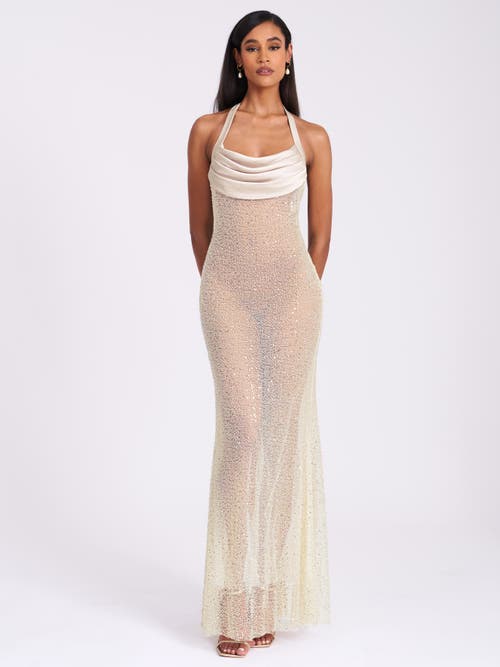 Miss Circle Women Zahya Lime Halter Backless Beaded Mesh Gown In White