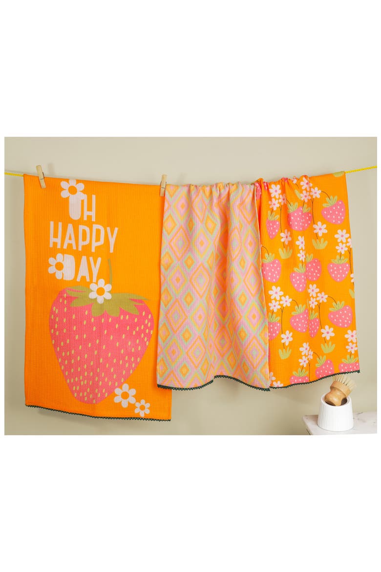 Oh Happy Day Set of 3 Kitchen Towels, Alternate, color, BRIGHT ORANGE/ PINK