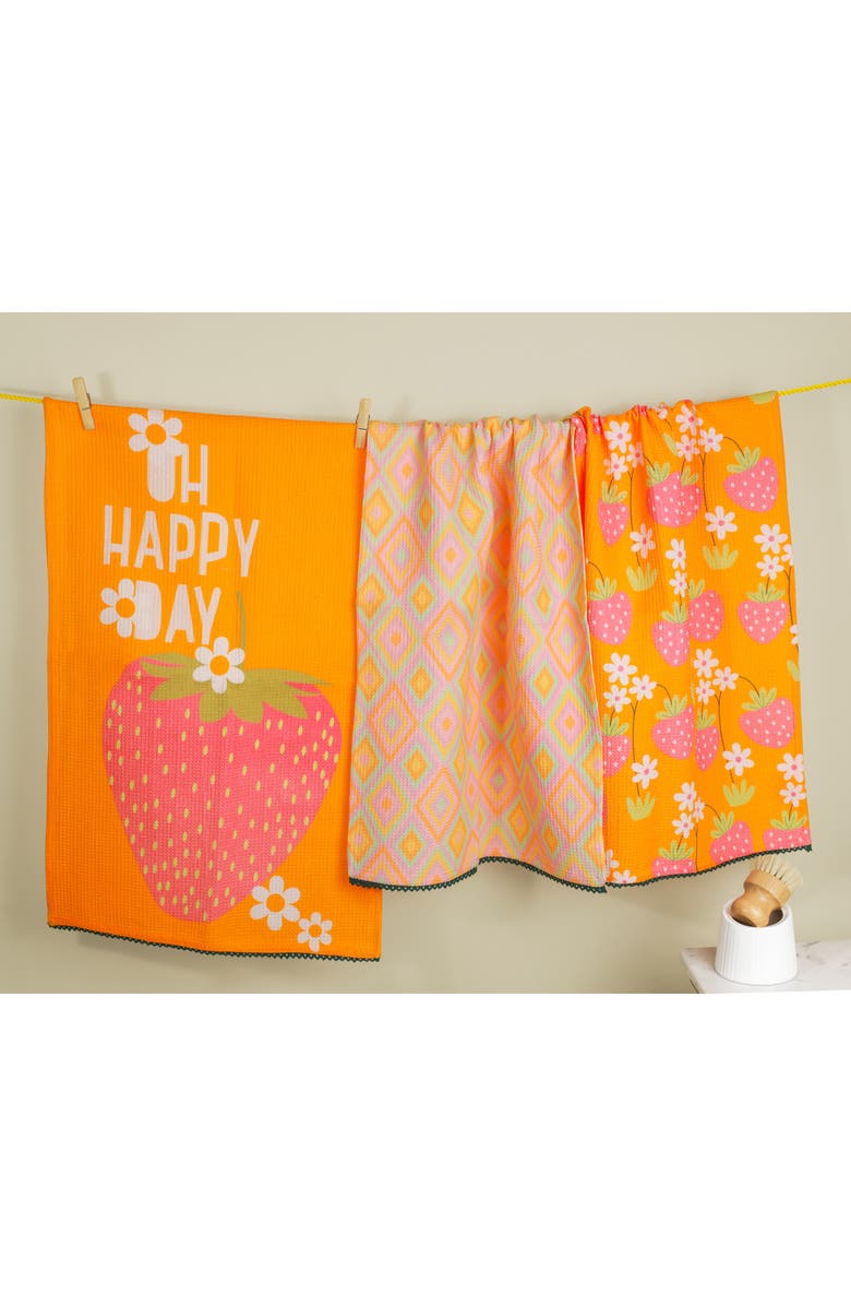 Tiramisu Oh Happy Day Set of 3 Kitchen Towels, Alternate, color, Bright Orange/ Pink