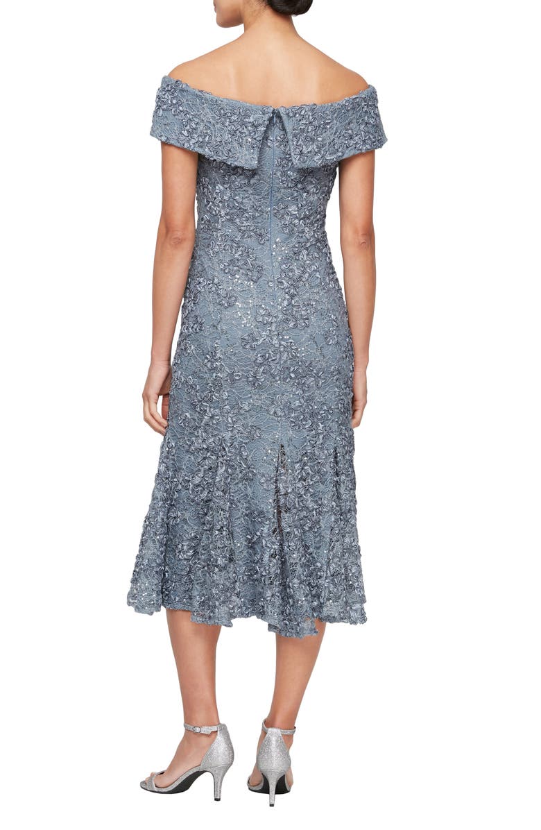 Alex Evenings Off the Shoulder Midi Cocktail Dress, Alternate, color, Pewter