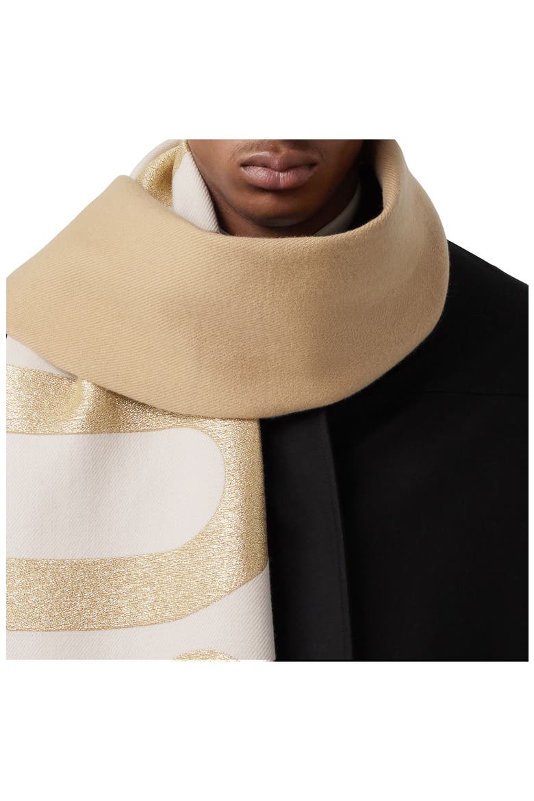 Metallic Logo Jacquard Wool Blend Football Scarf, Alternate, color, CAMEL / LIGHT BLUSH