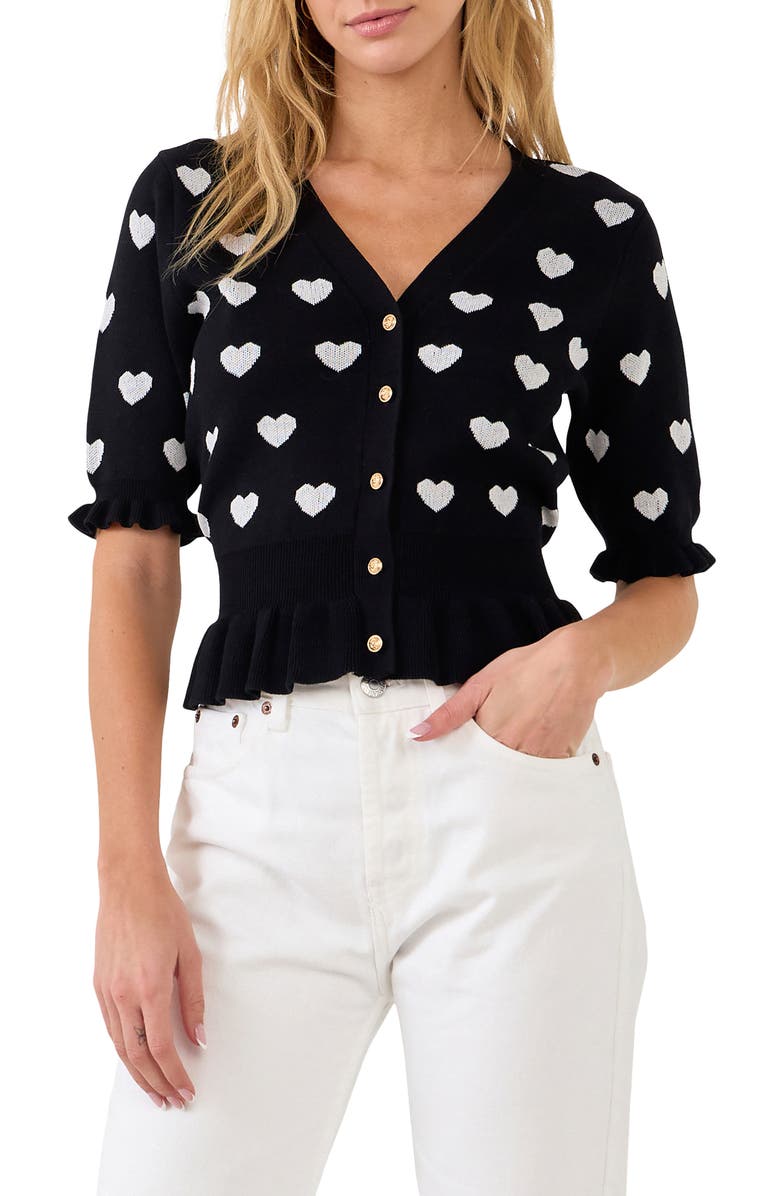English Factory Puff Sleeve Heart Cardigan, Alternate, color,