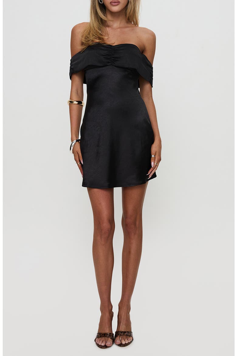 Sadee Off the Shoulder Satin Minidress, Main, color, BLACK
