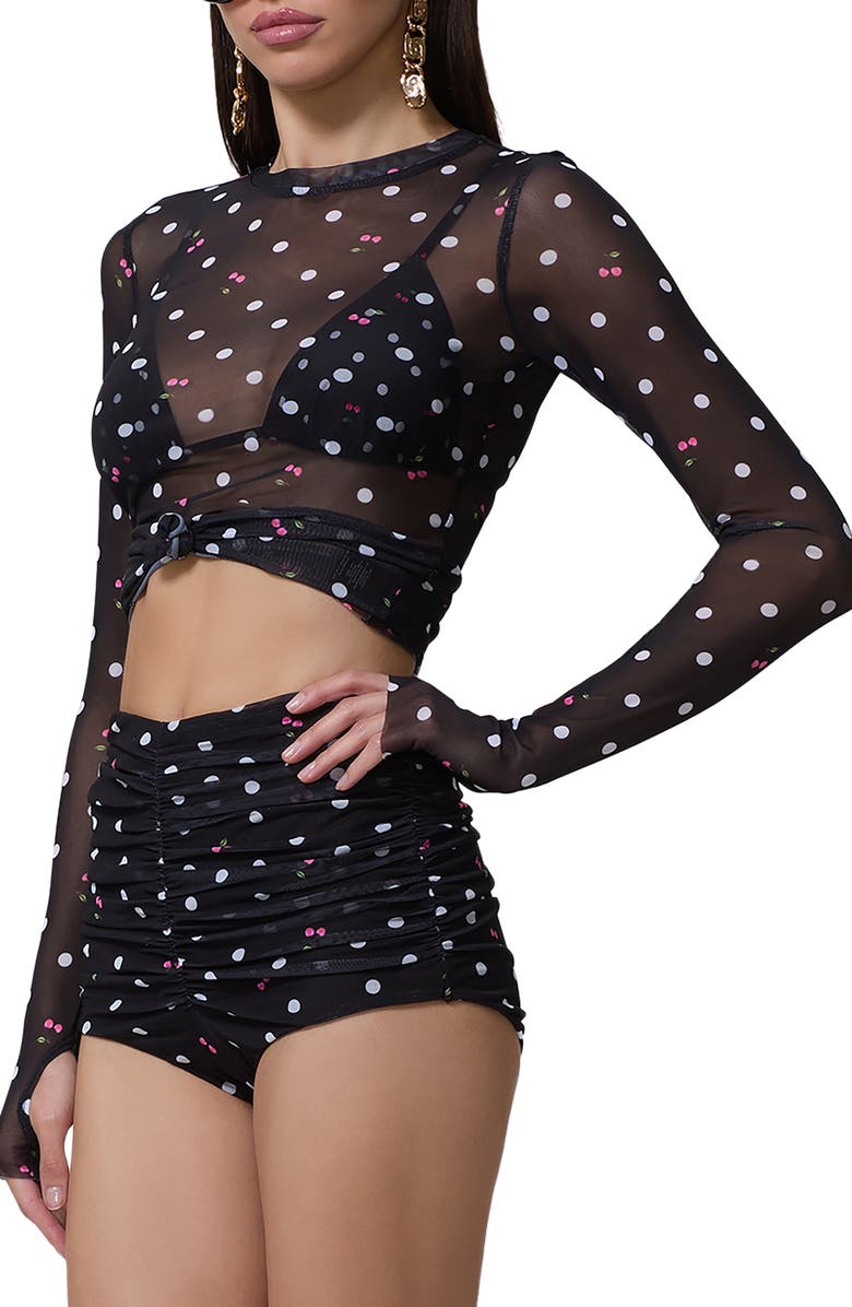 AFRM Kaylee Printed Long Sleeve Mesh Top, Alternate, color, Cherry Dots