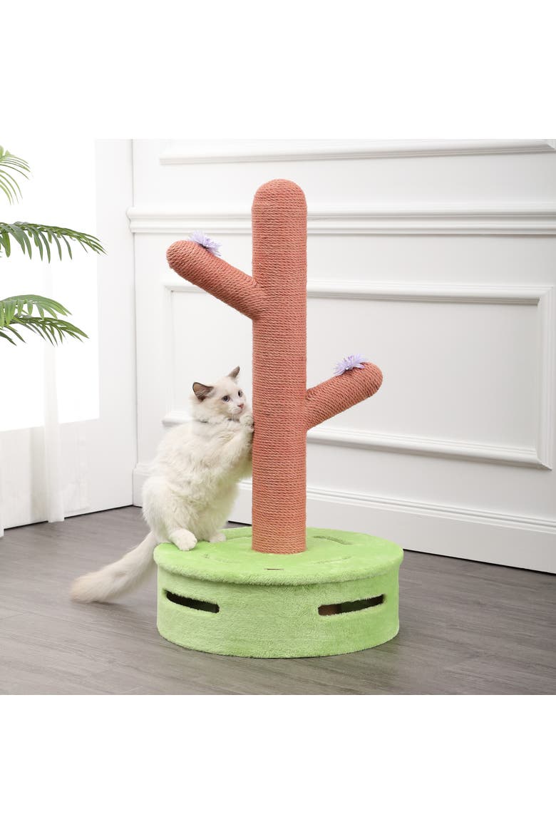 Rosa Modern Jute Cactus Cat Scratching Post with Flower Toys and Built-In Bell Toys, Alternate, color, Pink