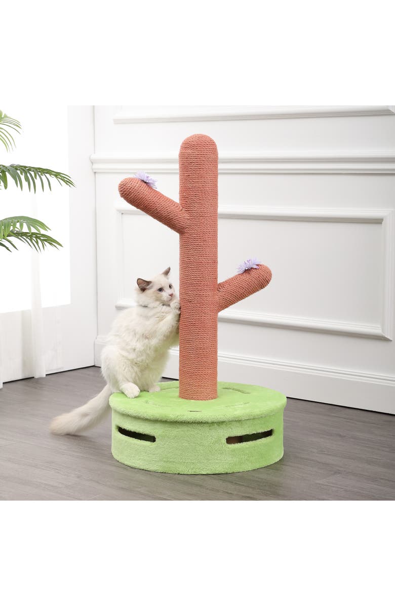 The Licker Store Rosa Modern Jute Cactus Cat Scratching Post with Flower Toys and Built-In Bell Toys, Alternate, color, Pink