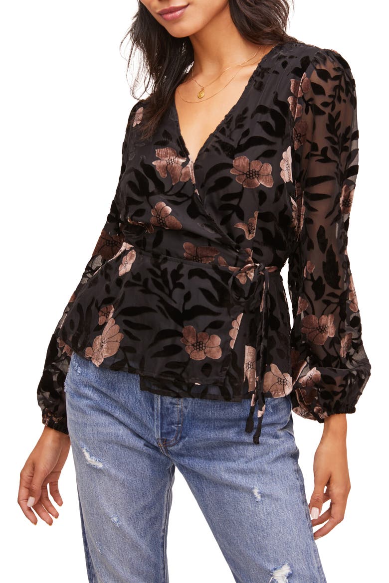 the Label Velvet Burnout Wrap Top, Main, color, BLACK/ MAUVE FLORAL