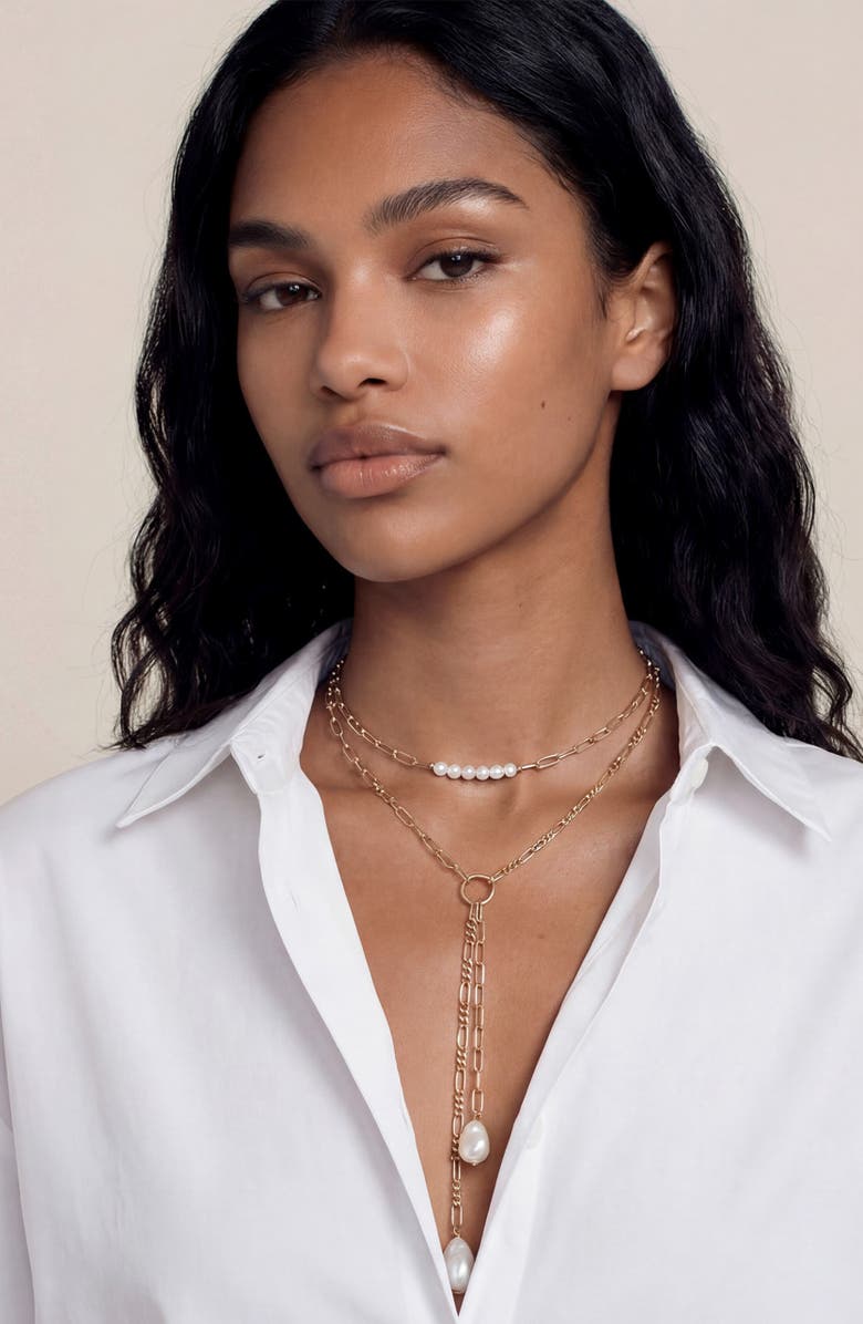Ettika Faux Pearl Mixed Chain Layered Y-Necklace, Alternate, color, Gold