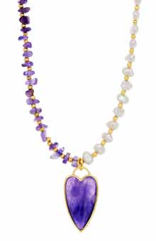 SAVVY CIE JEWELS Amethyst Heart Pendant Cultured Pearl & Amethyst Necklace