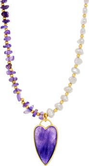 SAVVY CIE JEWELS Amethyst Heart Pendant Cultured Pearl & Amethyst Necklace