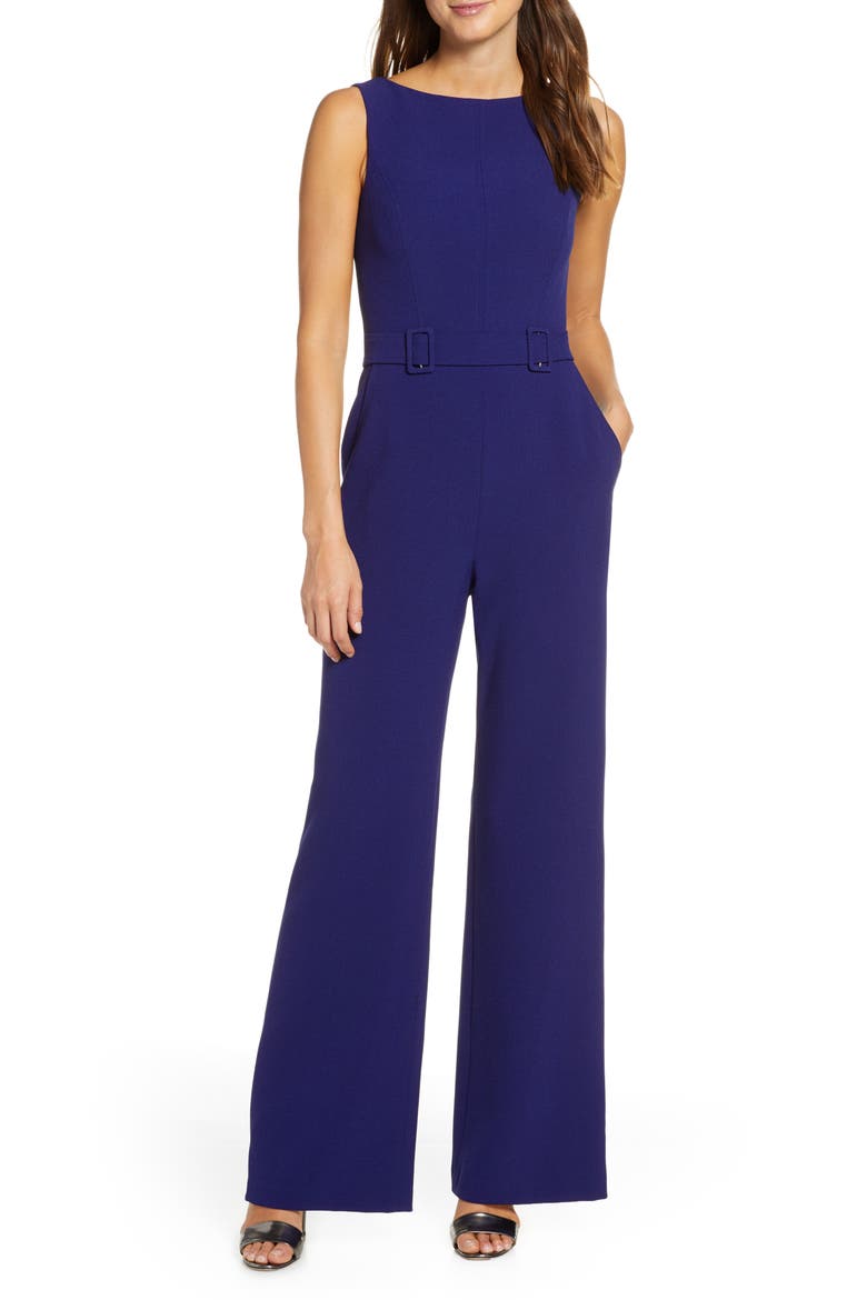 Belted Sleeveless Stretch Crepe Jumpsuit, Main, color, INDIGO