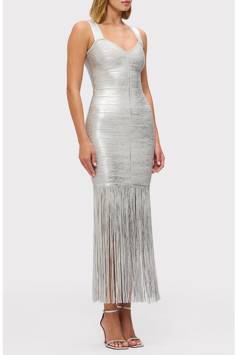 The Metallic Alba Fringe Gown, Alternate, color, SILVER FOIL