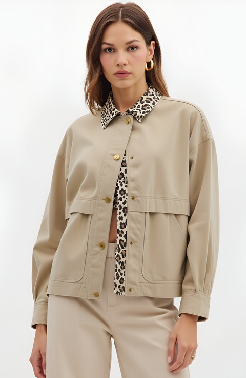 Cropped Utility Jacket with Leopard Collar