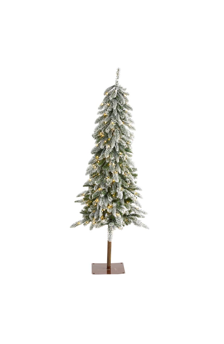 NEARLY NATURAL 5.5-ft Flocked Washington Alpine Christmas Artificial Tree with 150 White Warm LED Lights and 377 Bendable Branches, Main, color, Green