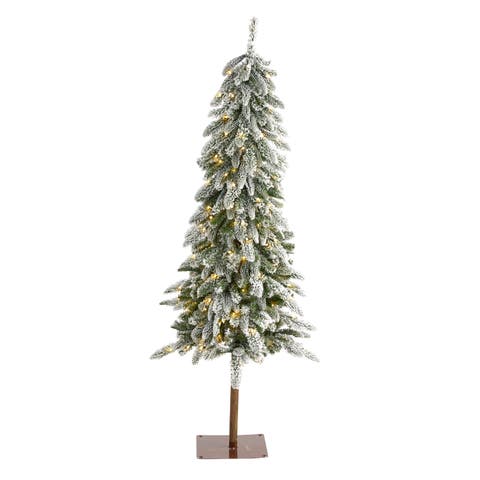 5.5-ft Flocked Washington Alpine Christmas Artificial Tree with 150 White Warm LED Lights and 377 Bendable Branches