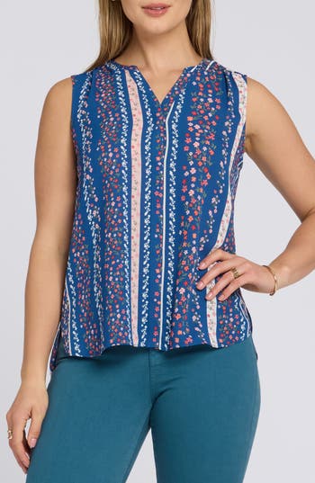 Nydj Print Pleat Back Sleeveless Split Neck Blouse
